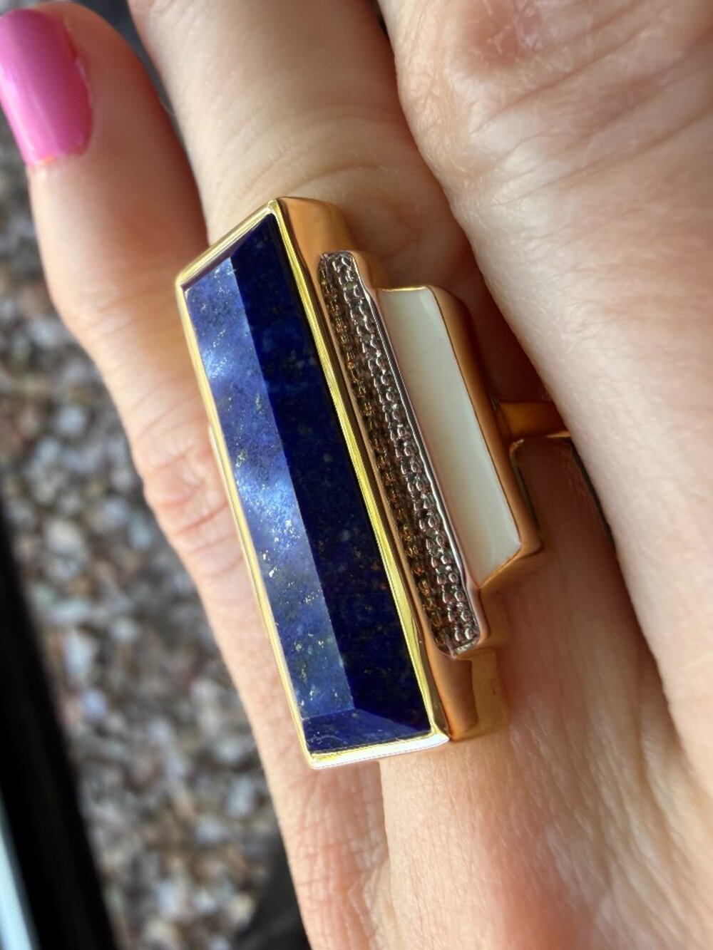 NIB WOW Art Deco Lapis & White Topaz Enamel in 18kt Gold Over Sterling - 5 -5.25